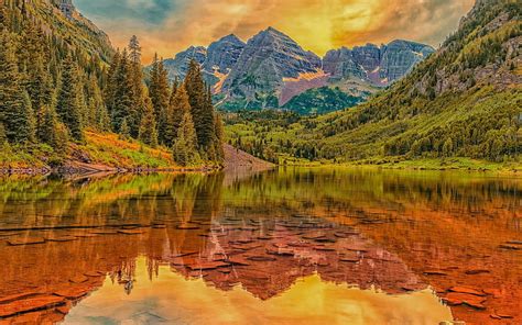 Reflecting Maroon Bell Reflection Mountains Forest Nature Sky