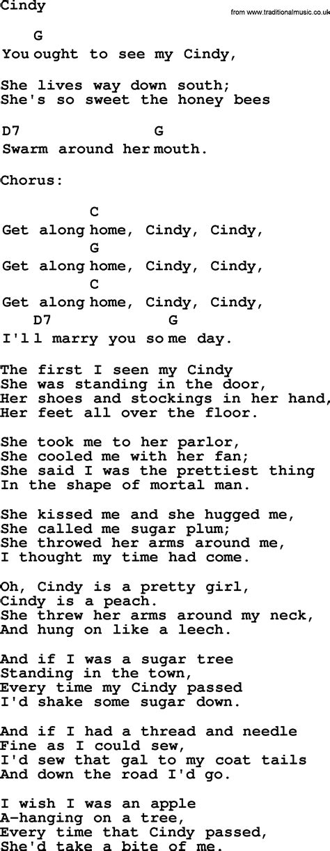 Top 1000 Folk And Old Time Songs Collection Cindy Lyrics With Chords And Pdf