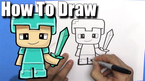 How To Draw A Cute Cartoon Minecraft Steve With Diamond Armour Easy