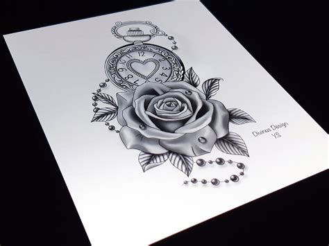 Tattoo Design And Stencil Clock And Rose Tattoo Design Etsy Uk