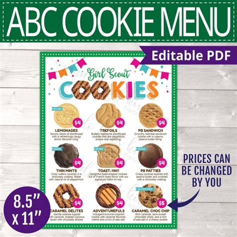 Printable ABC Girl Scout Cookie Menu X Editable Digital Price List Flyer Instant