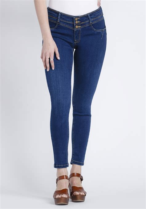 Womens Indigo Stacked Button Skinny Jeans Warehouse One