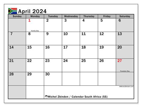 Calendar April 2024 South Africa Ss Michel Zbinden Za