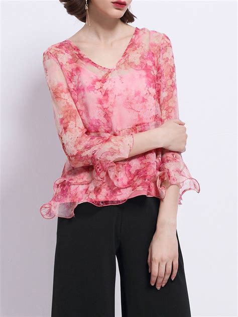Shop Blouses Frill Sleeve Floral Print Silk Girly V Neck Blouse Online Discover Unique