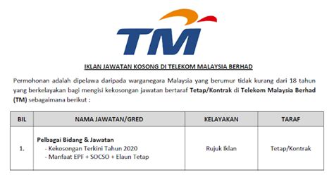 Jawatan kosong terkini di telekom malaysia berhad tm. Jawatan Kosong Terkini 2020 di Telekom Malaysia Berhad (TM)