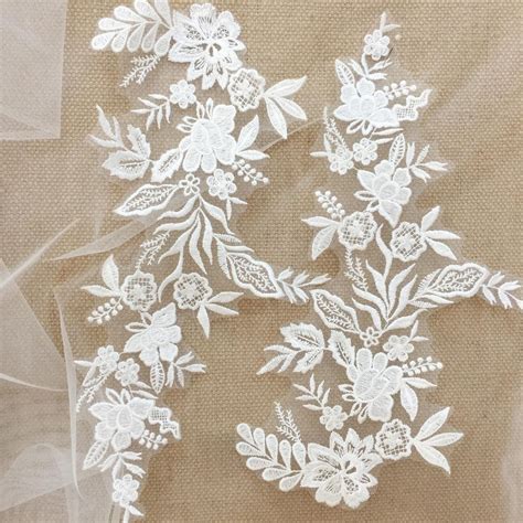 Pair Floral Embroidery Lace Applique Lace Pacth Motif For Bridal