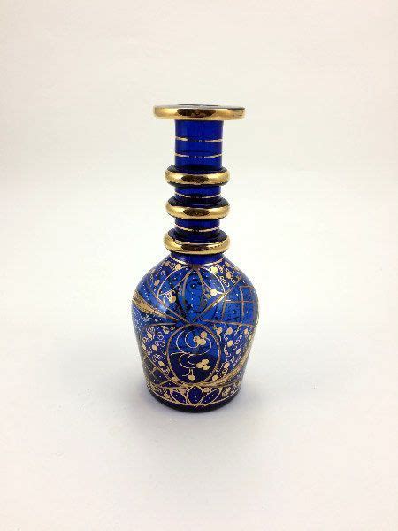 Bohemian Czech Cobalt Blue Glass Vase Hand Etched Artisan Decorated
