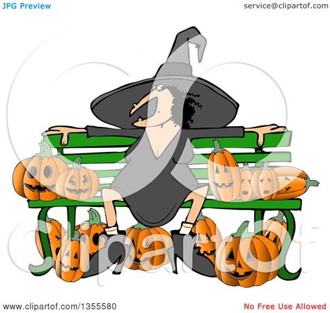 Clipart Of A Cartoon Chubby Warty Halloween Witch Sitting On A Bench