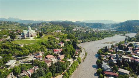 Aerial View Of Kutaisi City River Rioni And Bagrati Cathedral Imereti