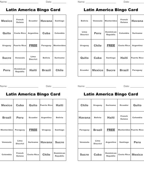 Latin America Bingo Card Wordmint