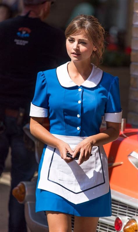 Jenna Coleman In A Waitress Costume Doctor Who Set In Cardiff Bay