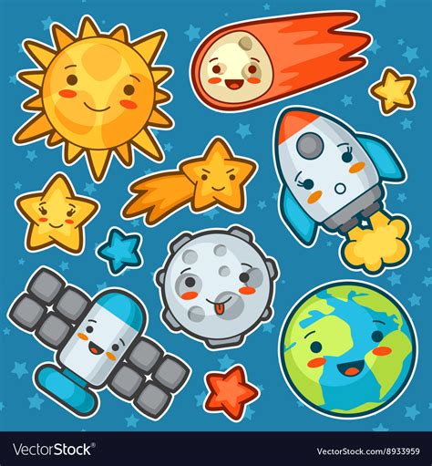 Set Kawaii Space Objects Doodles With Pretty Vector Image