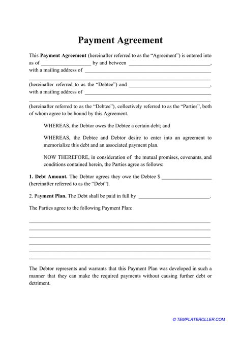 Free Printable Payment Agreement Template