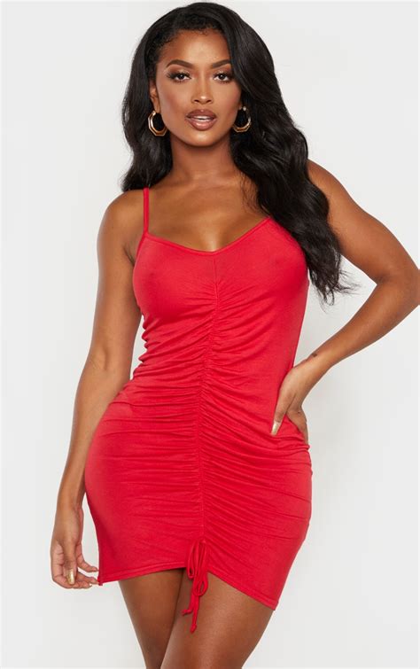 Shape Red Jersey Ruched Bodycon Dress Prettylittlething Aus
