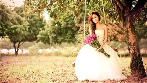 Hd Wallpaper Asian Girl Play Swing White Dress Flowers Wallpaper Flare