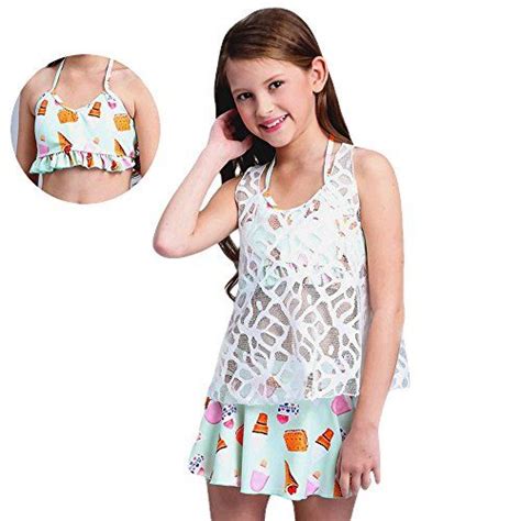 Onmet 3 Pcs Ice Cream Girls Tankinis Swimsuit With Hollow Cover Two