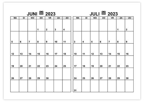 Kalender Juni Juli 2023