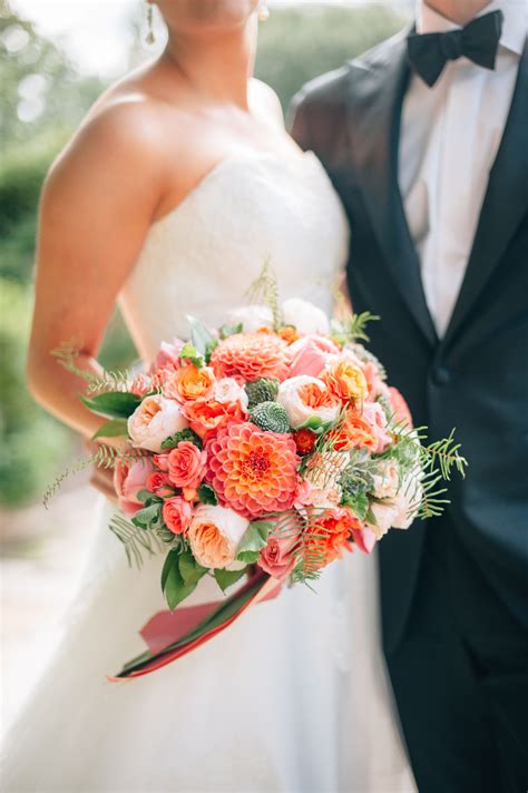 Coral And Pink Bouquet With Dahlias Peonies And Roses Wedding Bridal