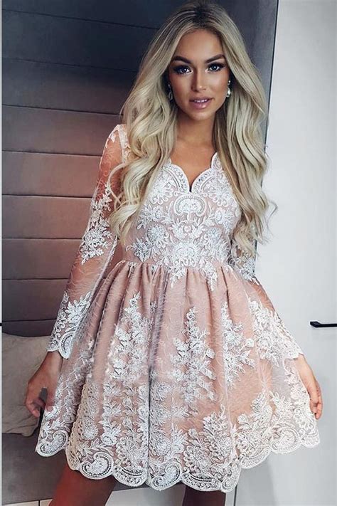 Long Sleeve Homecoming Dresses Lace A Line Short Prom Dress Party Dress