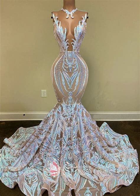 Iridescent Sequin Plunging Long Mermaid Prom Dress In 2021 Prom