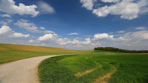 Wallpaper Nature Landscape Field Sky Clouds Trees Grass Road