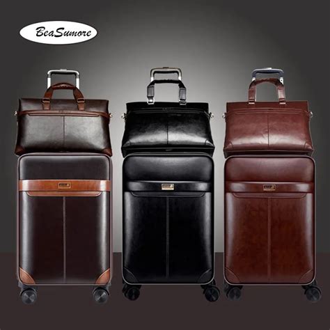 Beasumore Men Business Pu Leather Rolling Luggage Set Spinner 24 Inch