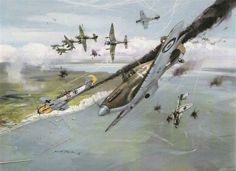 A Painting Of A Scene Out Of The Battle Of Britain Containing Hawker