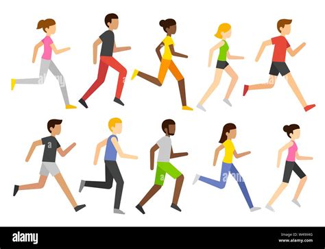 cartoon jogging people set marathon runners group diverse men and women running simple and