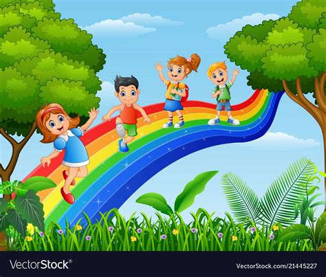 Happy Kids Standing Over The Rainbow Vector Image On Vectorstock Artofit