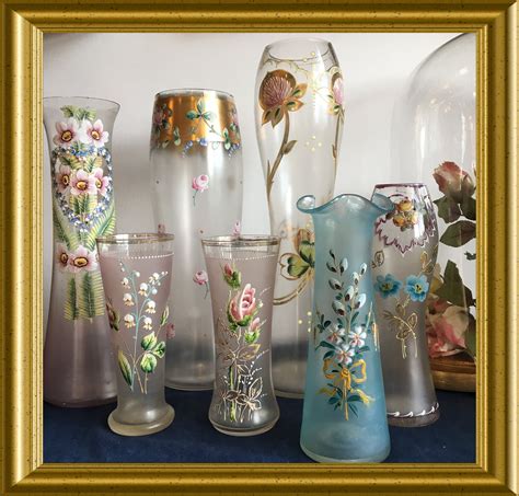 Antique Pink Glas Vase With Enamel Flowers