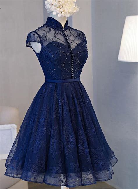 Beautiful Navy Blue Knee Length Lace Party Dress Homecoming Dress Beautydressy