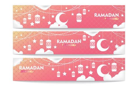 Ramadan Kareem Banner Set White Lanterns White Cloud Stars And Moon