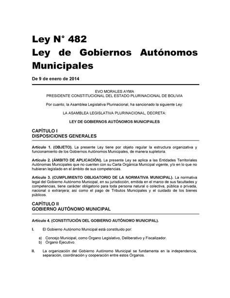 Ley 482 1 Bolivia 2021 Ley N° 482 Ley De Gobiernos Autónomos Municipales De 9 De Enero De 2014
