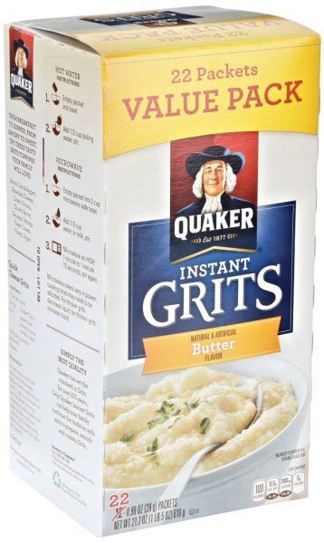 2,000 calories a day is used for general nutrition advice. Calories in Quaker Instant grits butter. Nutrition Facts ...