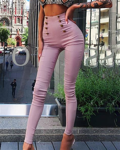 Solid High Waist Double Breasted Slinky Pants Fashion High Waisted Pants High Waist Skinny