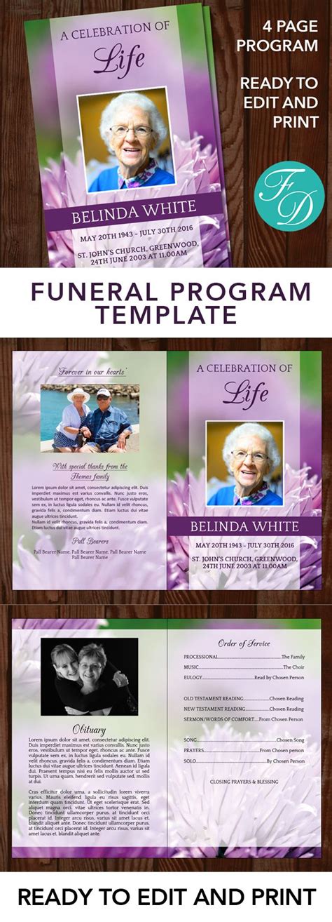 Purple Funeral Program Template Celebration Of Life Program Etsy Uk