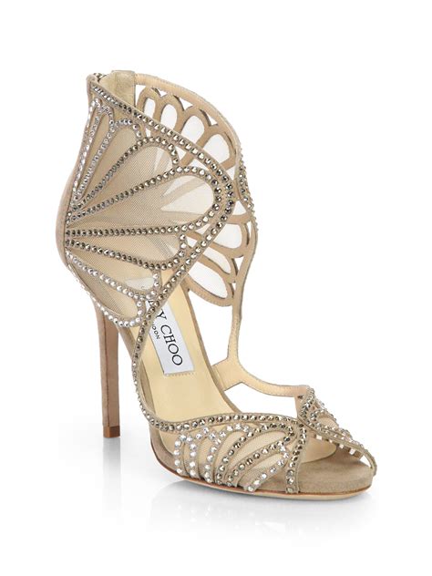 Lyst Jimmy Choo Kole Crystallized Suede And Mesh Sandals In Natural