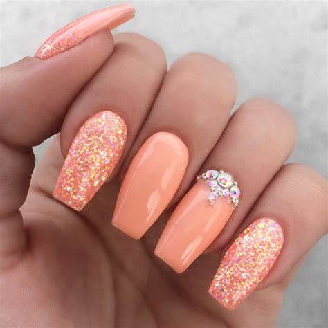 Girly Peach Glitter Rhinestone Nails Unhas Decoradas Unhas Bonitas