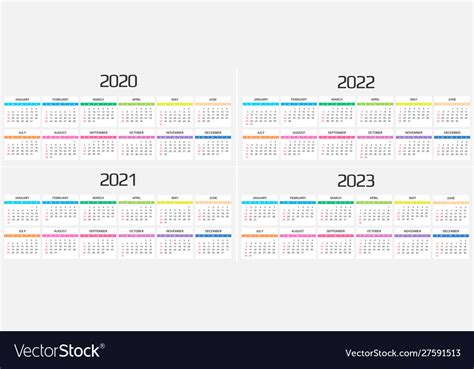 Calendar 2020 2021 2022 2023 Template 12 Vector Image