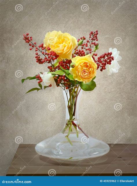 Still Life With Roses And Berries Stock Photo Image Of Table Leaves