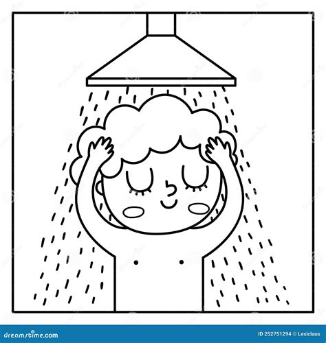 Black And White Boy Taking A Shower Icon Cute Washing Kid Child Doing