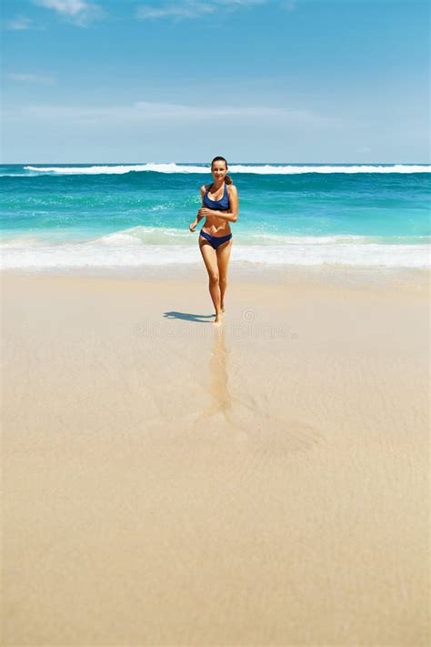 Beach Run Fitness Woman In Bikini Running In Summer Stock Image