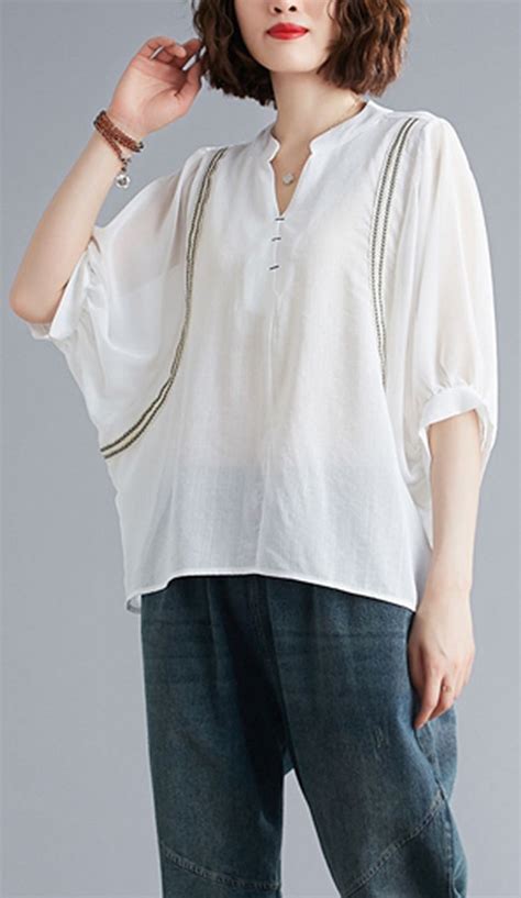 Organic V Neck Batwing Sleeve Summer Pattern Sewing White Blouse