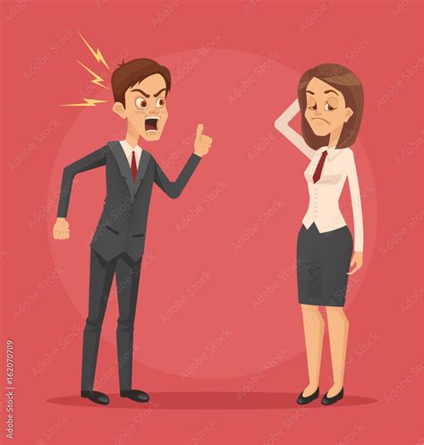Angry Man Boss Character Yelling At Employee Woman Office Worker Vector Flat Cartoon
