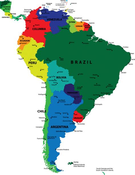 Map Of The Continent Of South America With Countries And Capitals