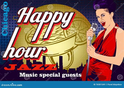 vintage poster with woman singer and cocktail vector design template stock vector illustration