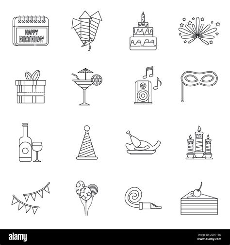 Happy Birthday Icons Set Outline Style Stock Vector Image And Art Alamy