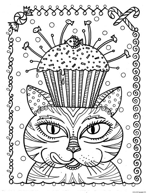 In this cute cat coloring page below, a tiny cat has crawled into a pair of shoes. Adult Cat Cup Cake By Deborah Muller Coloring Pages Printable