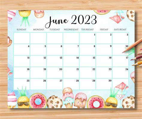 Editable June 2023 Calendar Happy Summer With Sweet Drinks And Desserts