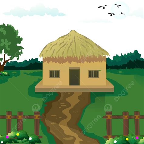 Village House With Boundary Vector Illustration Village House Road